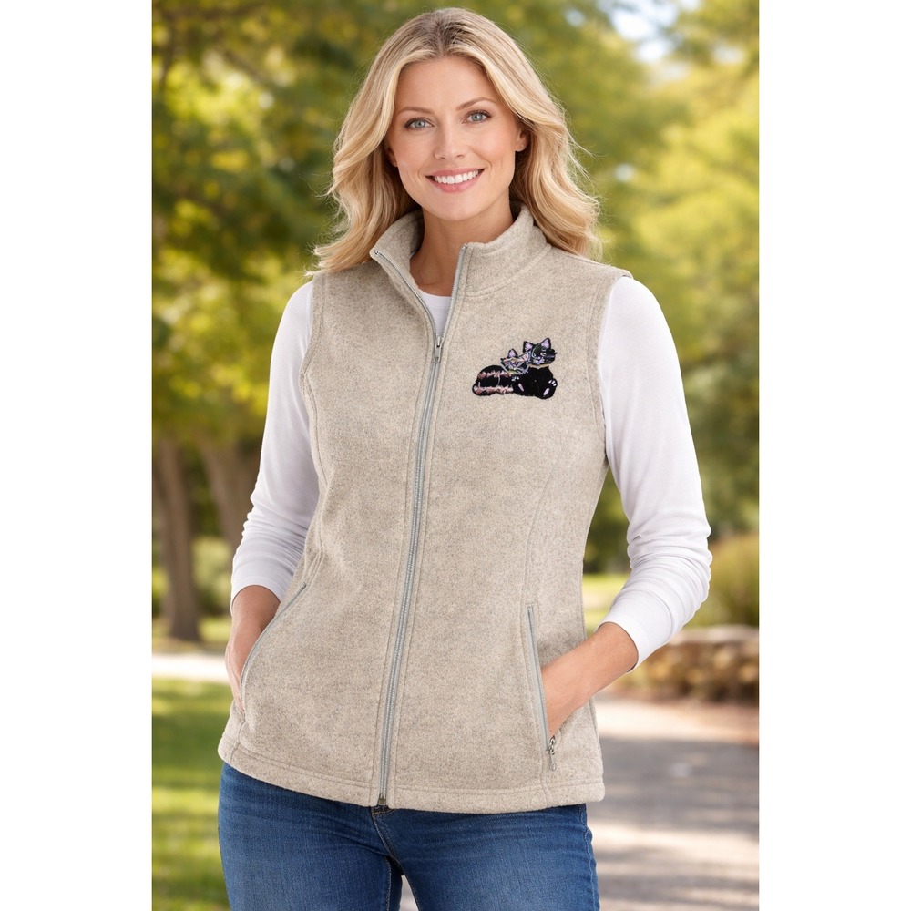 Tri-Mountain Women's Fleece Vest Large Oatmeal Beige Zip Up Cat Kitten
